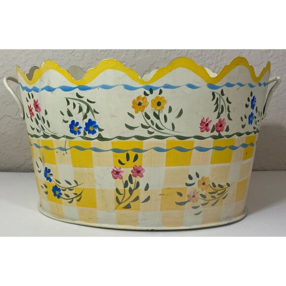 Vintage Metal Floral Flowers White Checkered Oval Basket 2 Handles Spring Summer - Picture 3 of 6